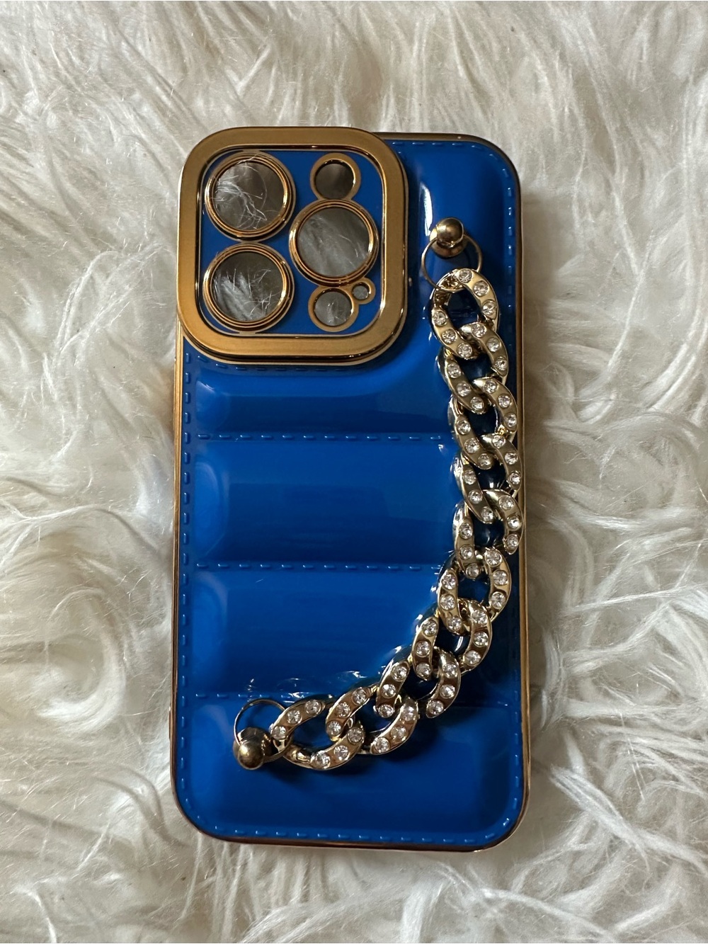 Blue Quilted Gloss Phone Case with Gold Crystal Chain 14Pro
